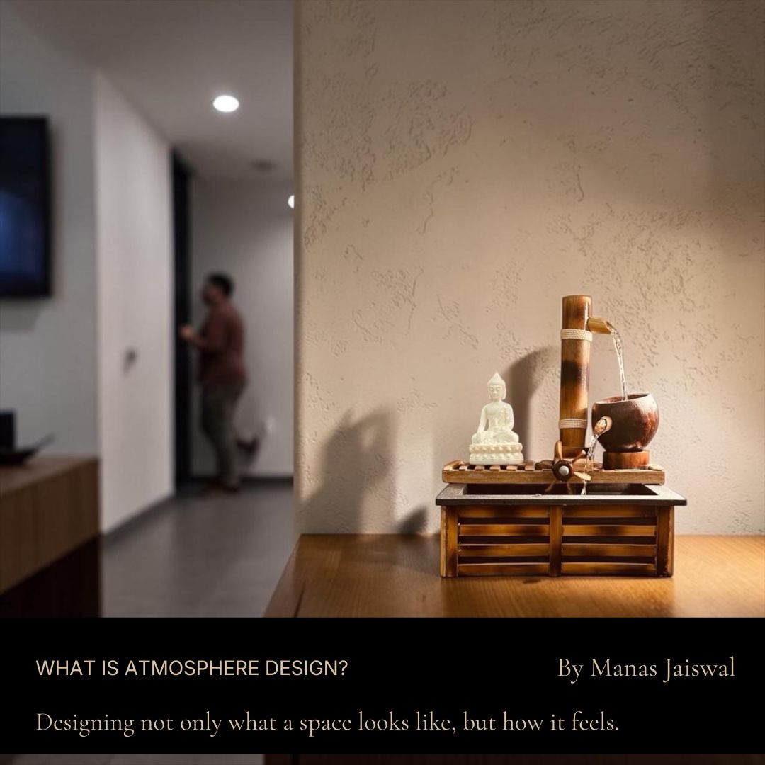 Bamboo water fountain in a warm biophilic interior designed to demonstrate principles of Atmosphere Design.