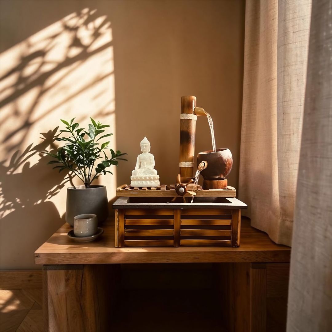 Decorative setup with a Buddha statue, plant, and water feature on a wooden table.