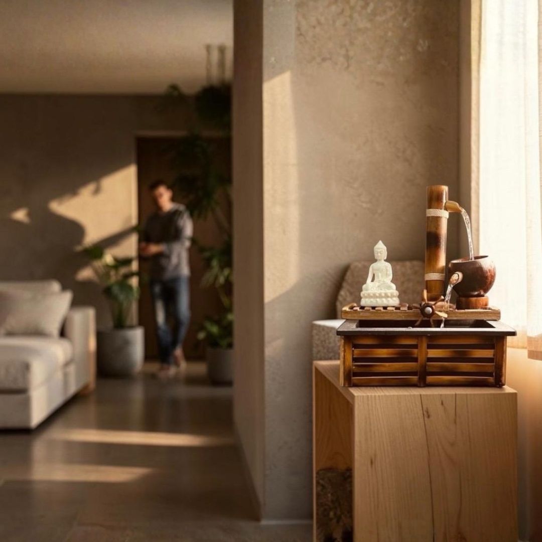 A warm, sunlit interior scene with a wooden side table with KOYO Flow's Anahata . A blurred person stands in the softly lit living room background near potted plants.